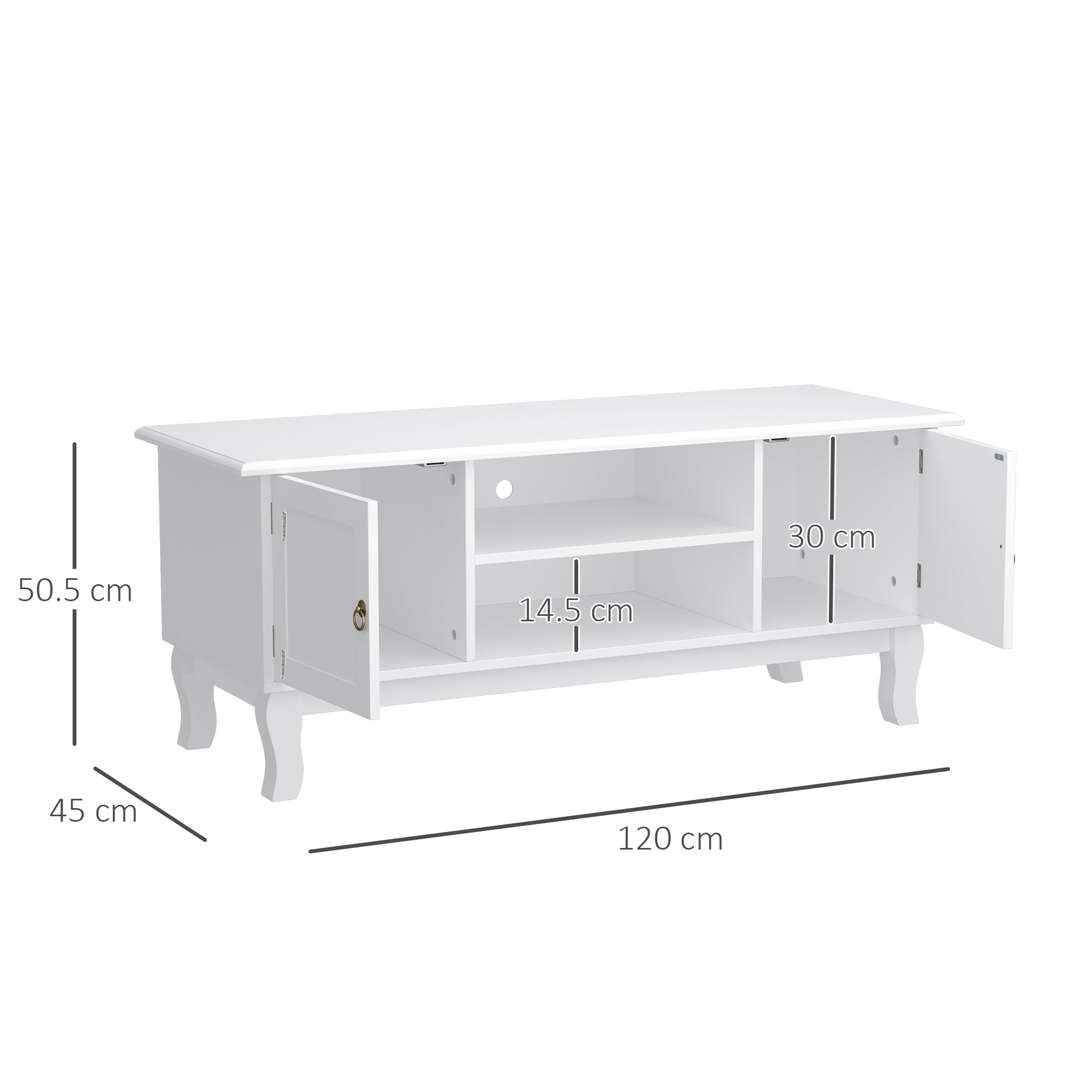 HOMCOM TV Unit up to 55", 2 Doors TV Cabinet with Open Storage Shelves and Cable Management for Living Room, Bedroom, Entertainment Room, 120L x 45W x 50.5H, White